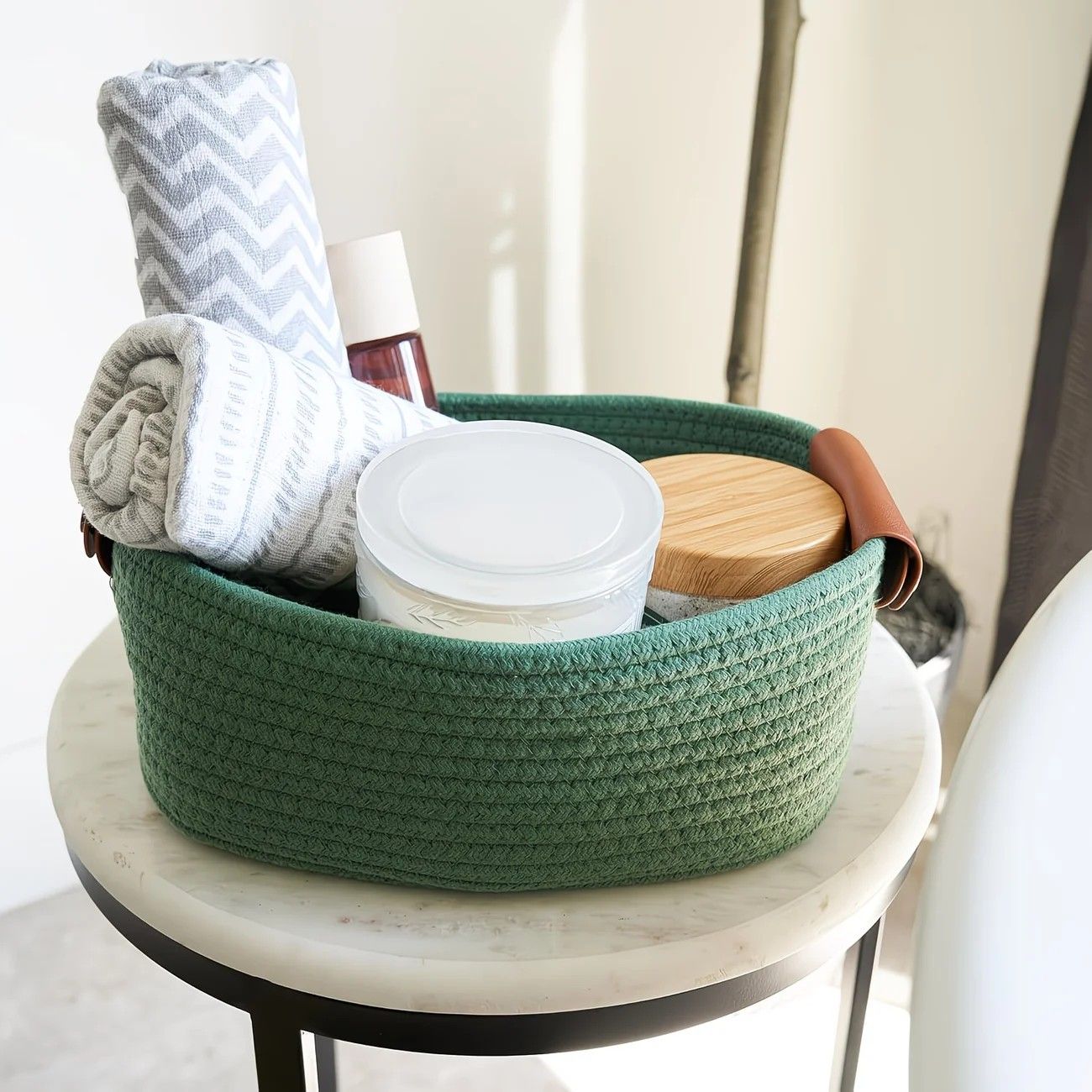 5-piece cotton rope storage basket set, cotton woven with leather handles, multiple sizes for organizing desk sundries, beautiful and practical to enhance space style.(RED)