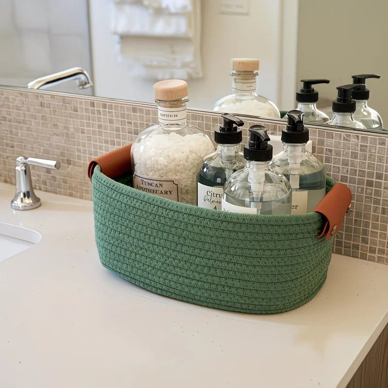 5-piece cotton rope storage basket set, cotton woven with leather handles, multiple sizes for organizing desk sundries, beautiful and practical to enhance space style.(RED)