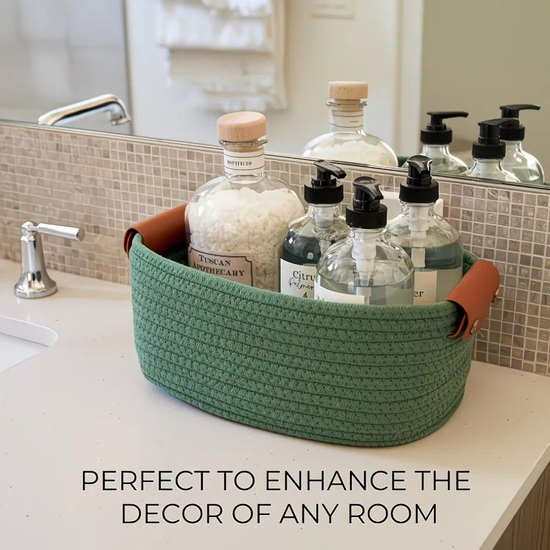 5-piece cotton rope storage basket set, cotton woven with leather handles, multiple sizes for organizing desk sundries, beautiful and practical to enhance space style.(RED)