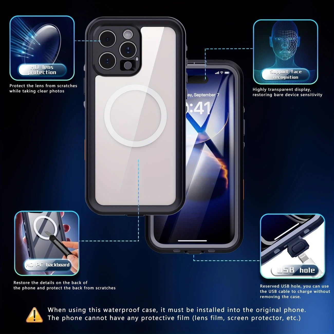 iPhone 16 Plus Waterproof Phone Case IP68 Drop Protection Snow Dust Resistant with Lanyard for Swimming Skiing Off Road Adventures(blue)