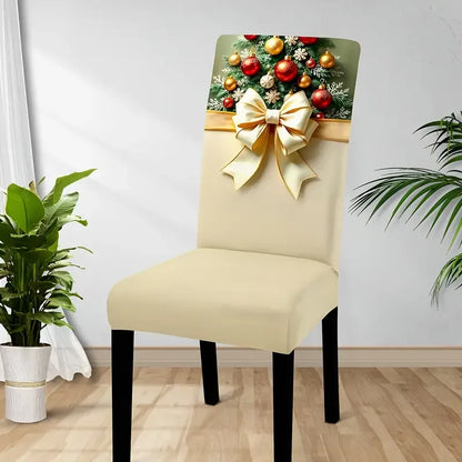 6PCS Christmas Stretch Dining Chair Covers | Snug-Fit Elastic Design, Printed with Ornaments, Snowflakes & Gold Bows, Removable & Machine Washable, Soft Stretch Protective Covers, Ideal for Holiday Gatherings & Home Décor