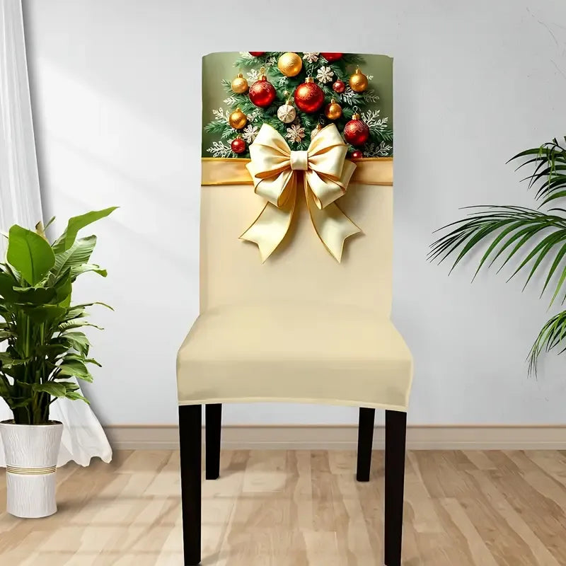 6PCS Christmas Stretch Dining Chair Covers | Snug-Fit Elastic Design, Printed with Ornaments, Snowflakes & Gold Bows, Removable & Machine Washable, Soft Stretch Protective Covers, Ideal for Holiday Gatherings & Home Décor
