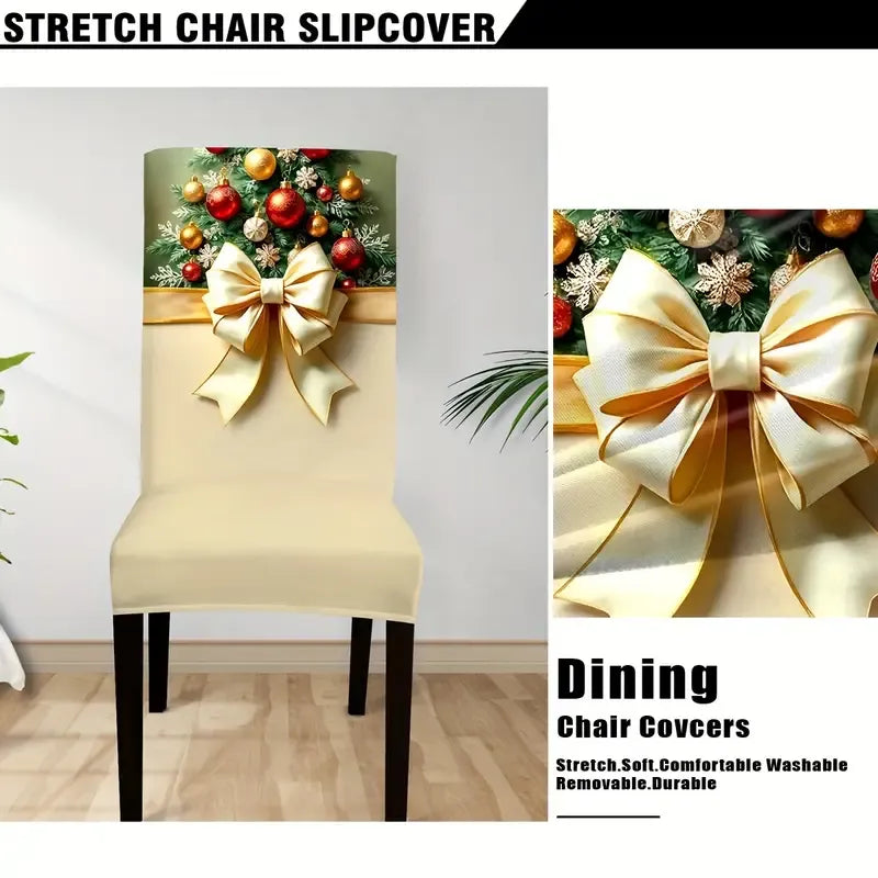 6PCS Christmas Stretch Dining Chair Covers | Snug-Fit Elastic Design, Printed with Ornaments, Snowflakes & Gold Bows, Removable & Machine Washable, Soft Stretch Protective Covers, Ideal for Holiday Gatherings & Home Décor