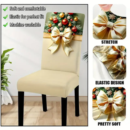 6PCS Christmas Stretch Dining Chair Covers | Snug-Fit Elastic Design, Printed with Ornaments, Snowflakes & Gold Bows, Removable & Machine Washable, Soft Stretch Protective Covers, Ideal for Holiday Gatherings & Home Décor
