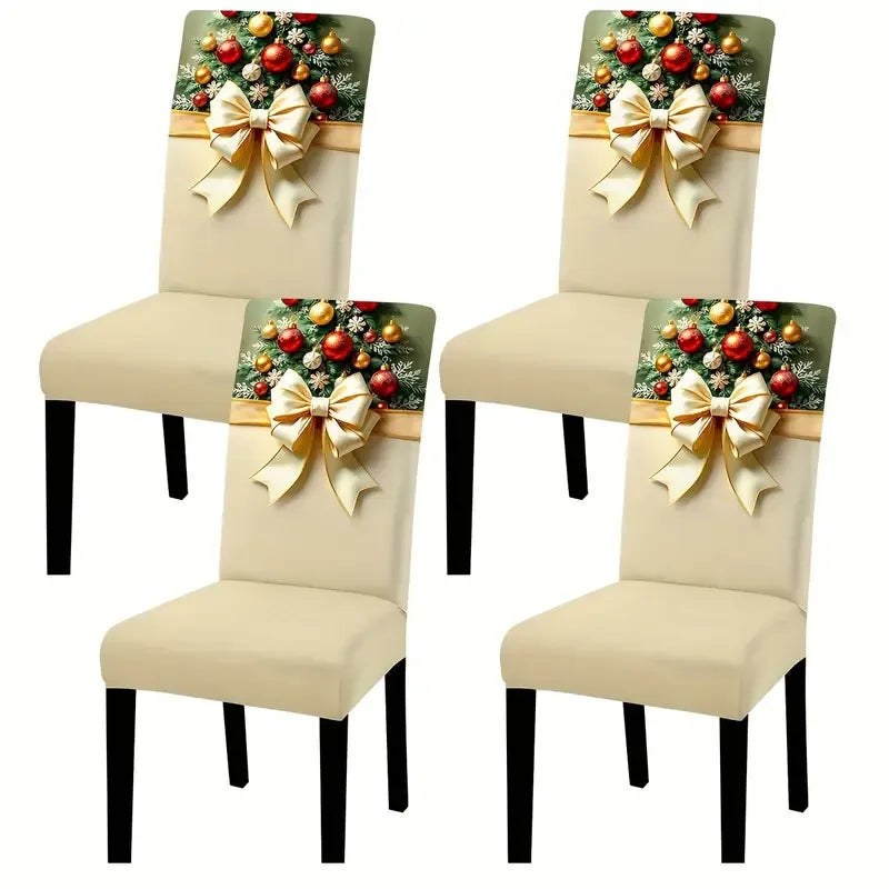 6PCS Christmas Stretch Dining Chair Covers | Snug-Fit Elastic Design, Printed with Ornaments, Snowflakes & Gold Bows, Removable & Machine Washable, Soft Stretch Protective Covers, Ideal for Holiday Gatherings & Home Décor