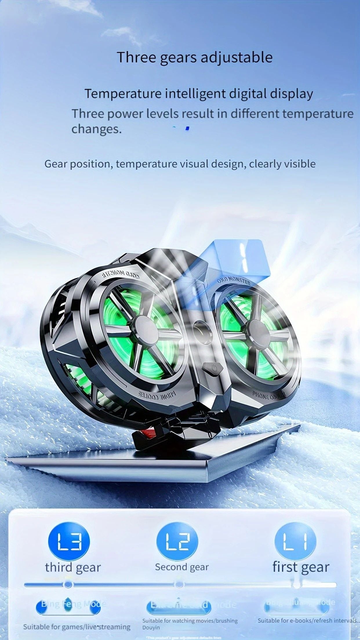 Semiconductor Cooling Fan Back Clip, Instant 3-Second Cooling, Large Area Heat Dissipation, Compatible with All Phone Models, Unobstructed Camera View for Live Streaming & Gaming.（Digital display model）