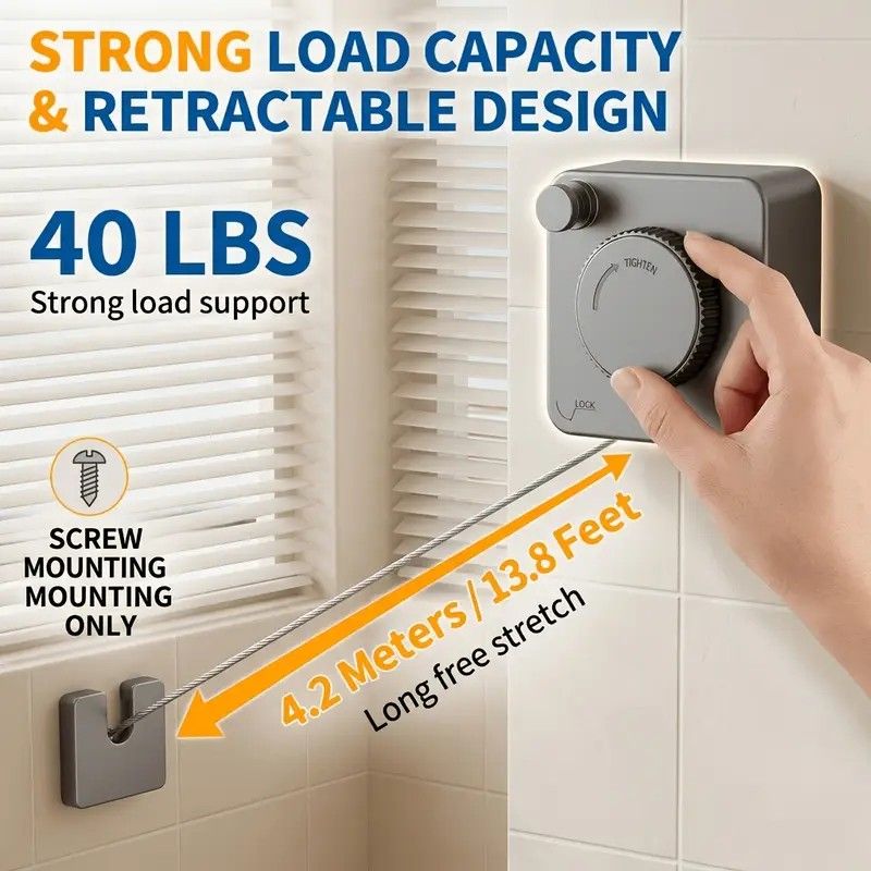 Retractable Invisible Clothesline | Freely Extends to 4.2 Meters, Holds Up to 40 Pounds, Suitable for Balcony Bathroom Outdoor Use, Essential for Small Spaces(white)