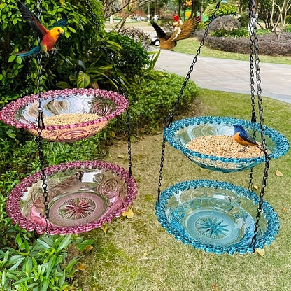Chain-hung Double-layer Bird Feeder, transparent bowls for easy observation, thickened iron chain for stable load-bearing, adding natural vitality and bird-watching fun to your courtyard./BLACK