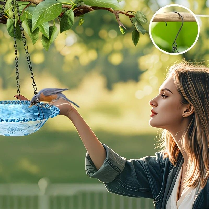 Chain-hung Double-layer Bird Feeder, transparent bowls for easy observation, thickened iron chain for stable load-bearing, adding natural vitality and bird-watching fun to your courtyard./BLACK