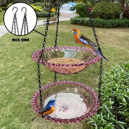 Chain-hung Double-layer Bird Feeder, transparent bowls for easy observation, thickened iron chain for stable load-bearing, adding natural vitality and bird-watching fun to your courtyard./BLACK