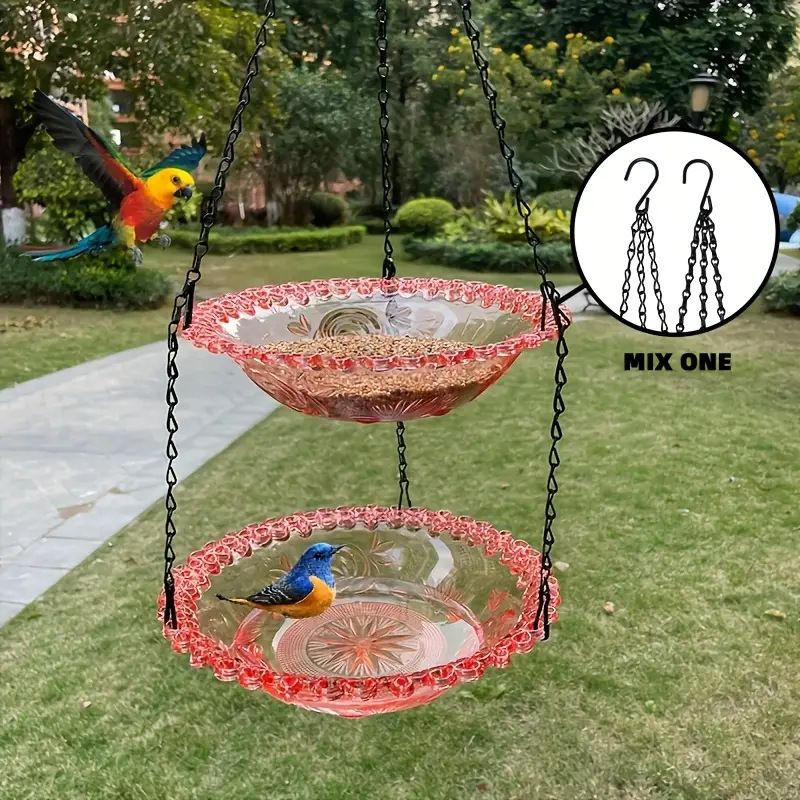 Chain-hung Double-layer Bird Feeder, transparent bowls for easy observation, thickened iron chain for stable load-bearing, adding natural vitality and bird-watching fun to your courtyard./BLACK