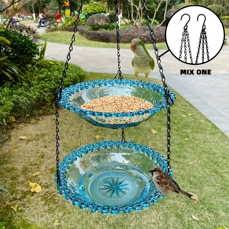 Chain-hung Double-layer Bird Feeder, transparent bowls for easy observation, thickened iron chain for stable load-bearing, adding natural vitality and bird-watching fun to your courtyard./BLACK
