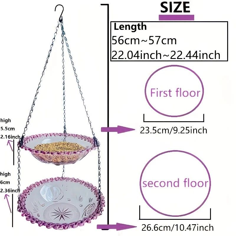 Chain-hung Double-layer Bird Feeder, transparent bowls for easy observation, thickened iron chain for stable load-bearing, adding natural vitality and bird-watching fun to your courtyard.(PINK)