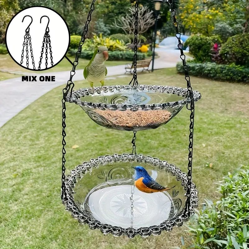 Chain-hung Double-layer Bird Feeder, transparent bowls for easy observation, thickened iron chain for stable load-bearing, adding natural vitality and bird-watching fun to your courtyard.(PINK)