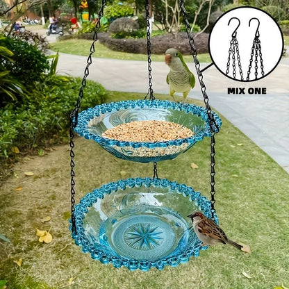 Chain-hung Double-layer Bird Feeder, transparent bowls for easy observation, thickened iron chain for stable load-bearing, adding natural vitality and bird-watching fun to your courtyard.(PINK)
