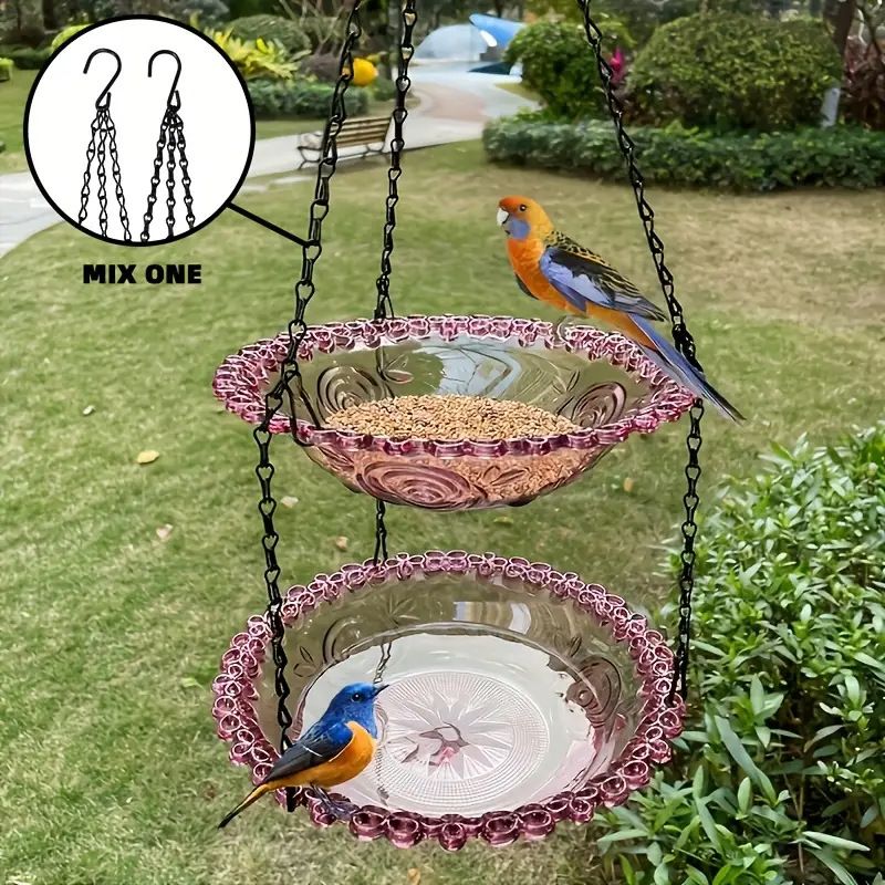 Chain-hung Double-layer Bird Feeder, transparent bowls for easy observation, thickened iron chain for stable load-bearing, adding natural vitality and bird-watching fun to your courtyard./purple