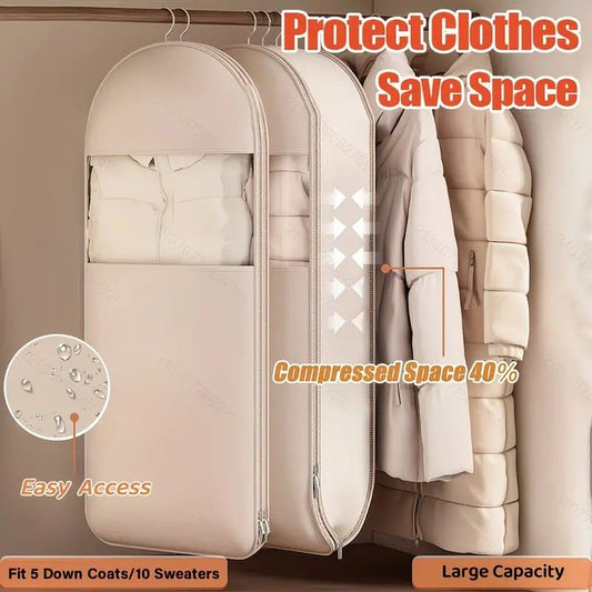 Down Jacket Compression Dust Cover, Zipper Compression Saves 40% Space, Transparent Window Waterproof and Dustproof, Multiple Sizes Available in 90/130cm, Pink and Beige Two Colors, Seasonal Storage Essential/beige:M CODE