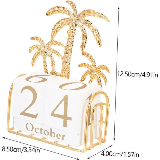 Wood and Iron Desktop Calendar, Gold Palm Tree Design, Manual Flip Pages for Free Date Combination, Compact and Exquisite, Both Practical and Decorative, Enhances Space Style.