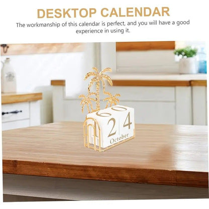 Wood and Iron Desktop Calendar, Gold Palm Tree Design, Manual Flip Pages for Free Date Combination, Compact and Exquisite, Both Practical and Decorative, Enhances Space Style.