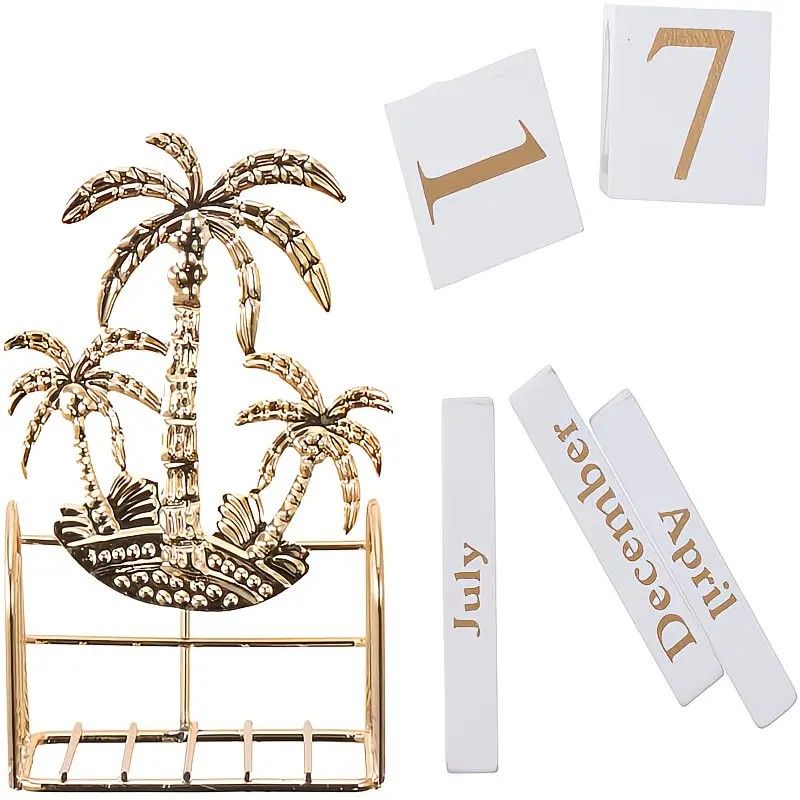 Wood and Iron Desktop Calendar, Gold Palm Tree Design, Manual Flip Pages for Free Date Combination, Compact and Exquisite, Both Practical and Decorative, Enhances Space Style.
