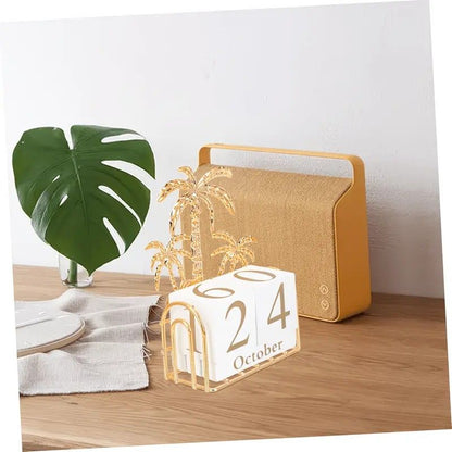 Wood and Iron Desktop Calendar, Gold Palm Tree Design, Manual Flip Pages for Free Date Combination, Compact and Exquisite, Both Practical and Decorative, Enhances Space Style.