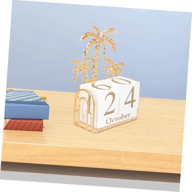 Wood and Iron Desktop Calendar, Gold Palm Tree Design, Manual Flip Pages for Free Date Combination, Compact and Exquisite, Both Practical and Decorative, Enhances Space Style.