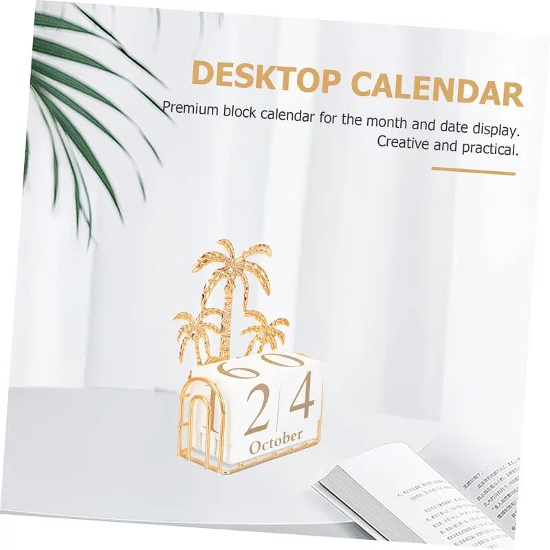 Wood and Iron Desktop Calendar, Gold Palm Tree Design, Manual Flip Pages for Free Date Combination, Compact and Exquisite, Both Practical and Decorative, Enhances Space Style.