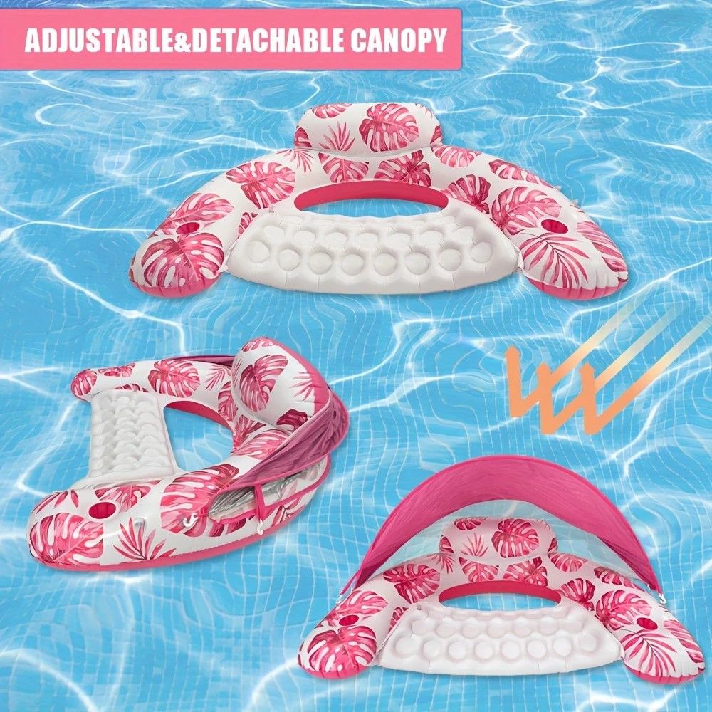 Adult Pool Floating Bed with Canopy: Upgraded Large Space, Adjustable Shade, Ergonomic Headrest, Dual Cup Holders, Portable and Comfortable。PINK