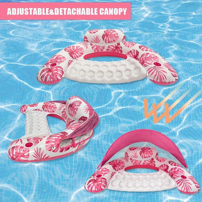 Adult Pool Floating Bed with Canopy: Upgraded Large Space, Adjustable Shade, Ergonomic Headrest, Dual Cup Holders, Portable and Comfortable。PINK