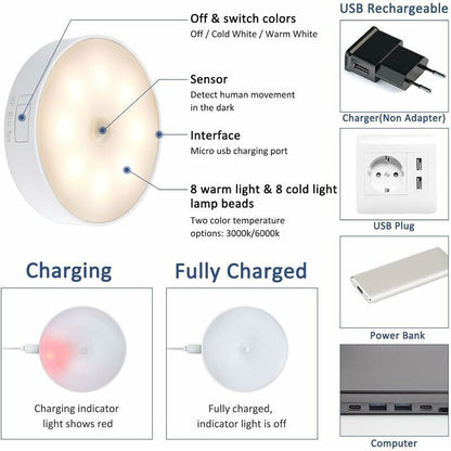 3 Pcs Indoor Motion Sensor LED Night Light Garage, Bedroom Corridor, Staircase USB Rechargeable LED Lamp
