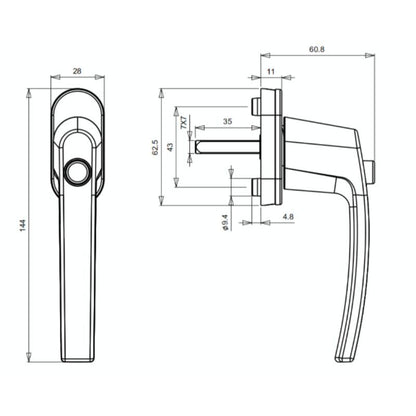 Handle of Window White, Longueur of Loquet Longueur of the Handle with Button Poussoir, 35 mm, 144 mm