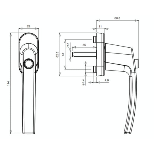 Handle of Window White, Longueur of Loquet Longueur of the Handle with Button Poussoir, 35 mm, 144 mm