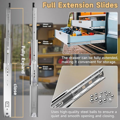 Two heavy-duty drawer slides for sturdy drawers, 51mm wide and 20 inches long, with a standard width of 500mm.