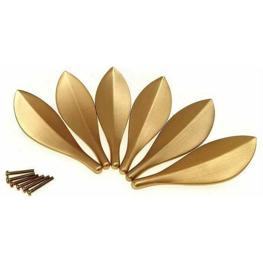 6 Pcs Door Handles of Cupboard in Shape of Golden Leaf Trendy Art Deco Style