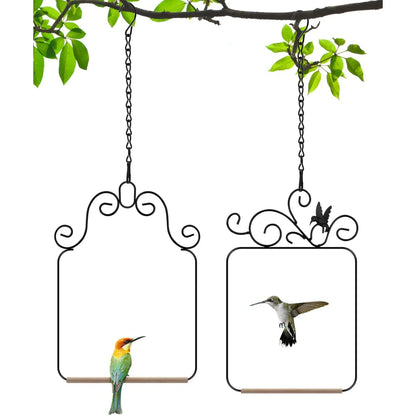 2 Pack Black Hummingbird Swings and Perches, Metal Frame Wild Bird Swing With Wooden Dowel and Hanging Chains for Indoor Outdoor
