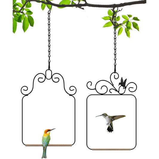 2 Pack Black Hummingbird Swings and Perches, Metal Frame Wild Bird Swing With Wooden Dowel and Hanging Chains for Indoor Outdoor