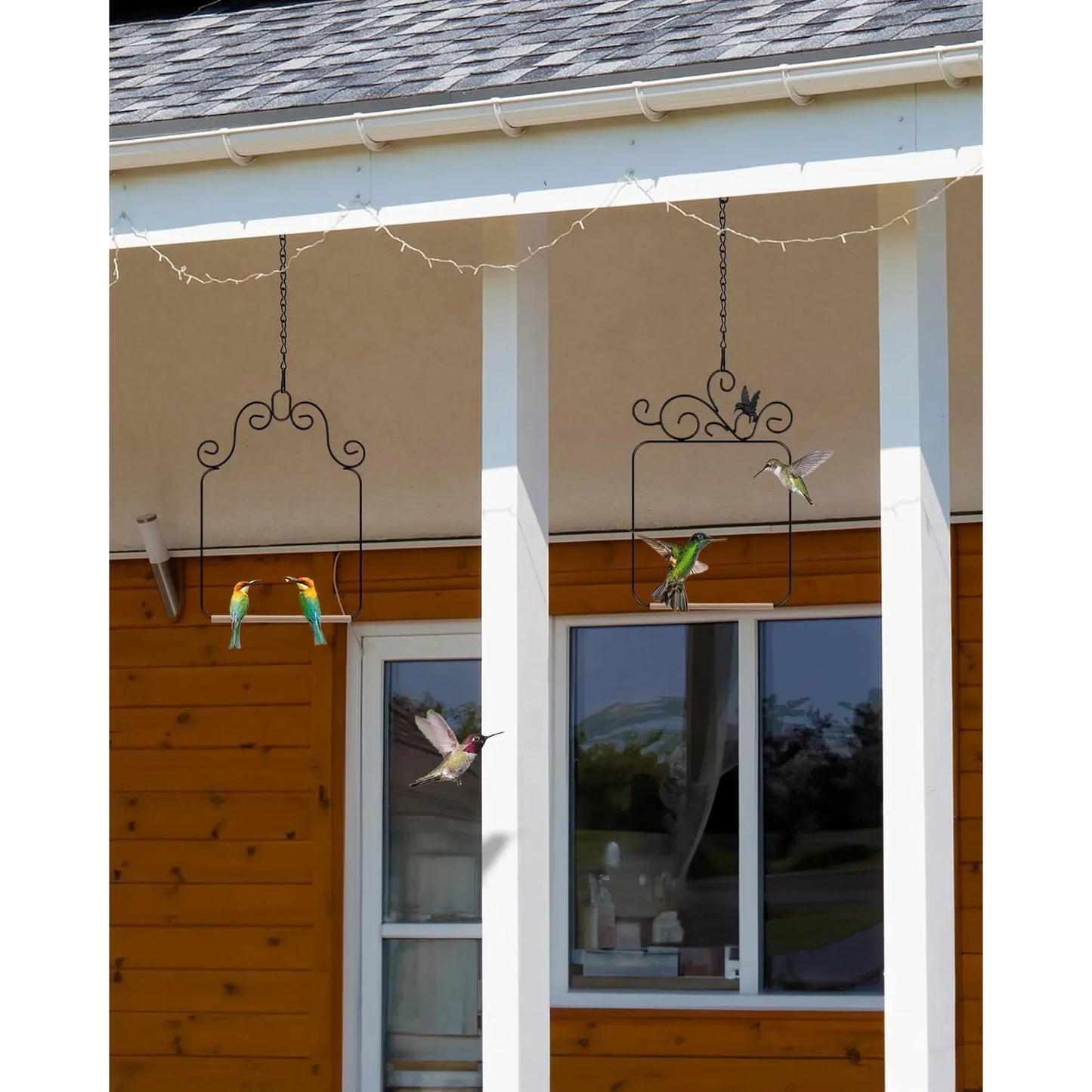 2 Pack Black Hummingbird Swings and Perches, Metal Frame Wild Bird Swing With Wooden Dowel and Hanging Chains for Indoor Outdoor