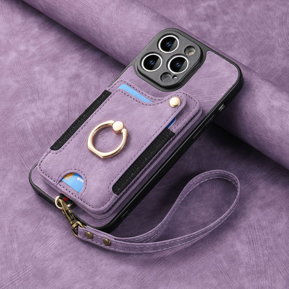 Suitable for iPhone mobile phone leather case RFID anti-theft brush ring buckle lanyard multifunctional card case Light Purple [With Leather Strap] Light Purple [With Leather Lanyard]] iPhone 15