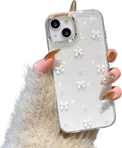 Phone Case Compatible with iPhone 15, Shiny 3D Bowknot Phone Case, Cute Transparent Bowknot, Thin, Soft and Durable, White iPhone 15