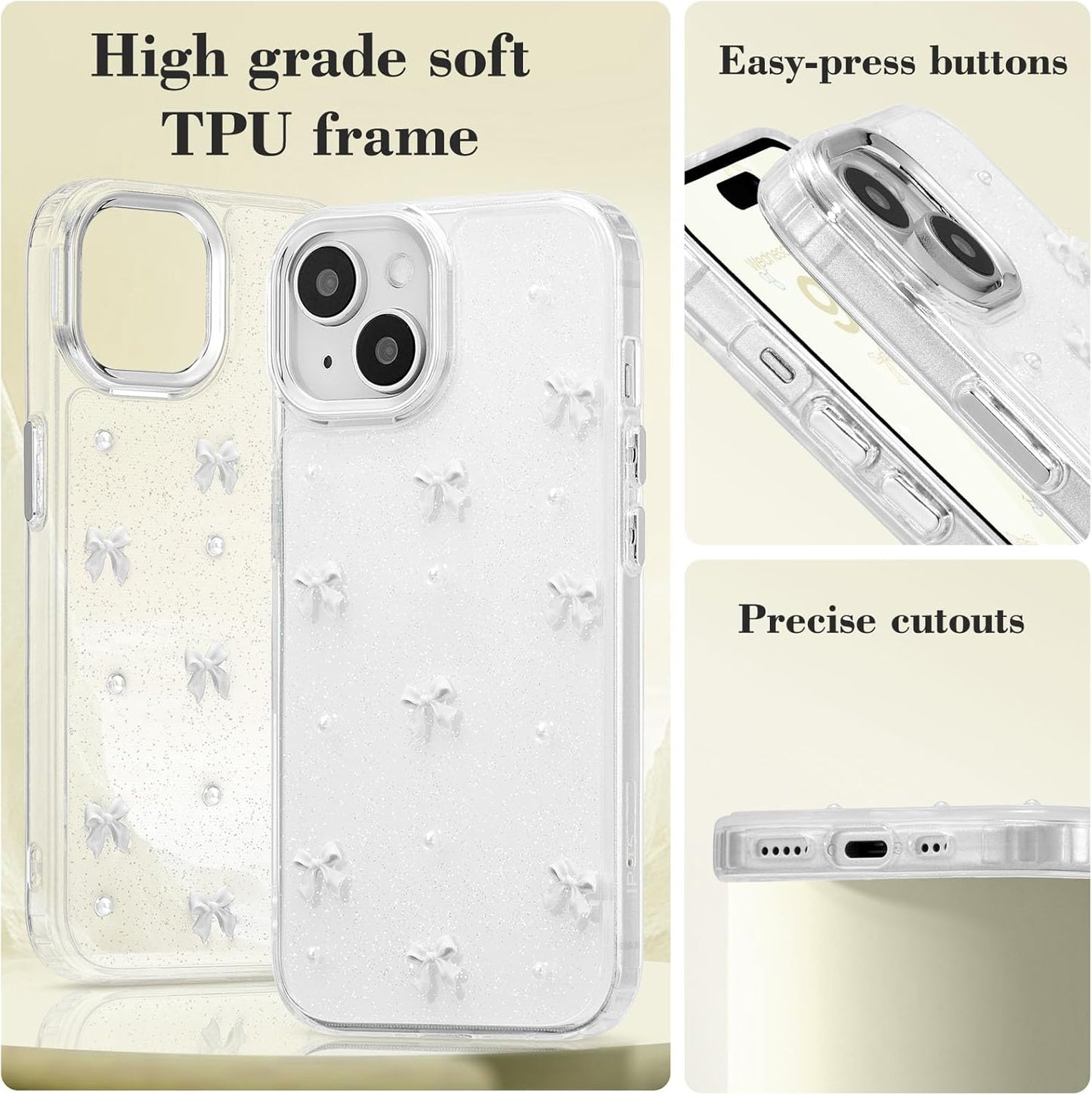 Phone Case Compatible with iPhone 15, Shiny 3D Bowknot Phone Case, Cute Transparent Bowknot, Thin, Soft and Durable, White iPhone 15