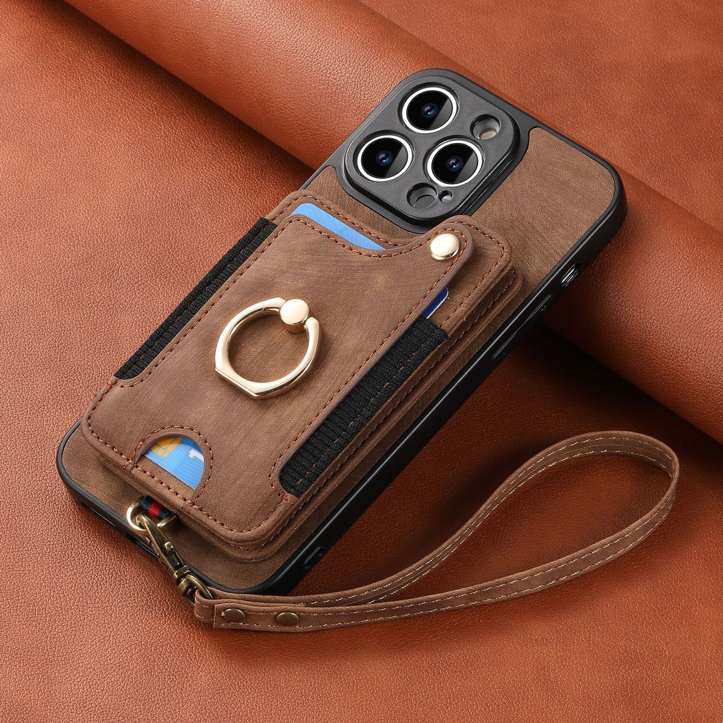 Mobile Phone Leather Case Compatible with iPhone RFID Anti-Theft Swipe Loop Buckle Rope Multifunctional Card Holder Brown [With Leather Strap] Brown [With Leather Lanyard]] iPhone 13 Pro