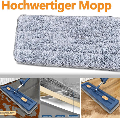 Large Flat Mop with 360° Rotatable Wringing Function, Microfiber Pads for Hardwood Blue + 2 rags