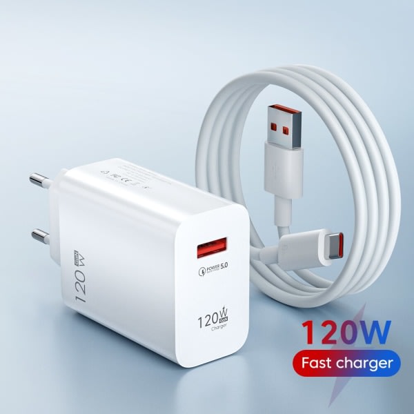 120W USB Charger Fast Charging QC3.0 USB C Cable Type C Cable Mobile Phone Charger for Huawei Samsung Xiaomi Fast Charging EU-White-10A