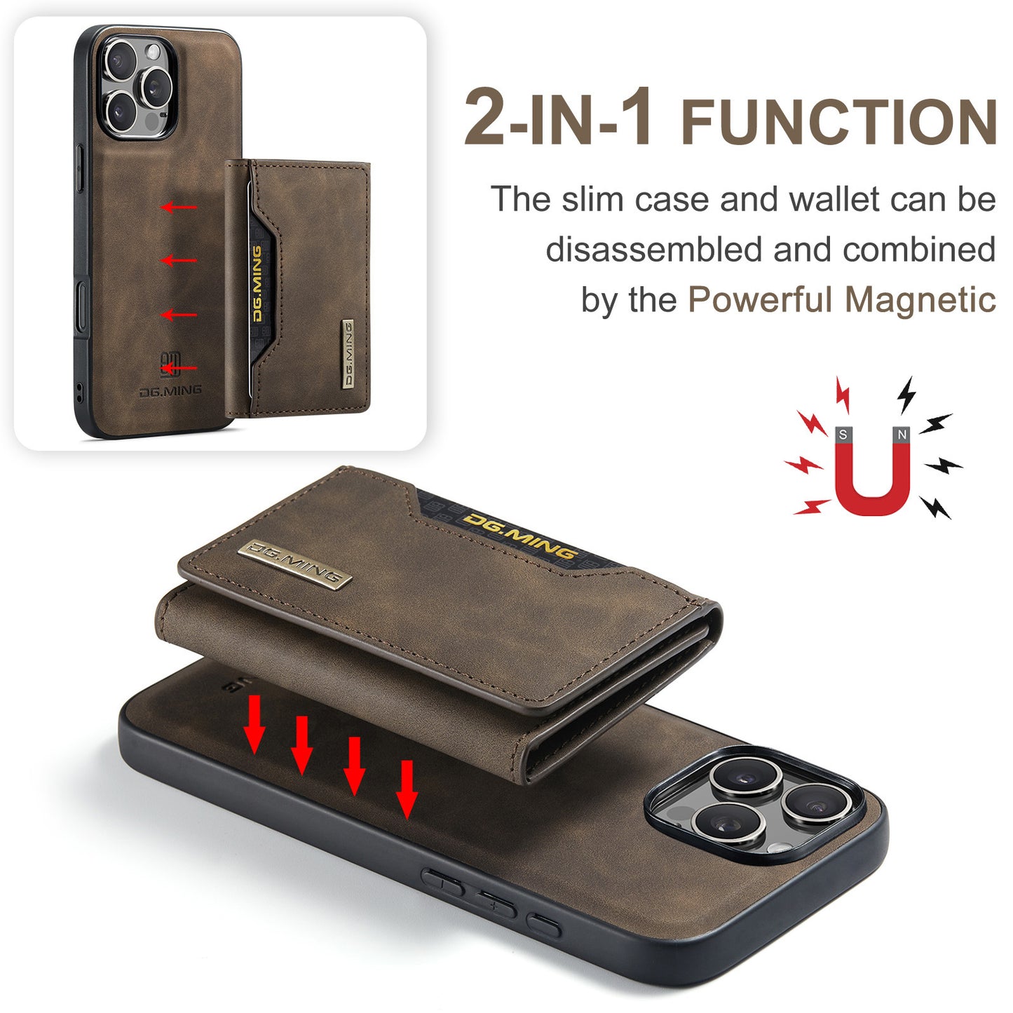 High-quality magnetic iPhone case with card pocket, magnetic split mobile phone case Combination-Coffee Combination-Coffee Combination-Coffee IP16 Pro