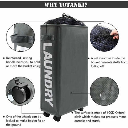 22\" Narrow Rolling Laundry Hamper with Handle and Wheels, Collapsible Laundry Hamper, Foldable Laundry Sorter and Organizer, Large Storage Basket (Gray)
