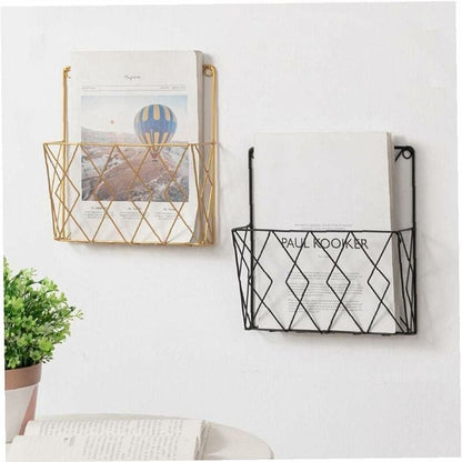 Black Metal Wire Magazine Rack for Wall - Storage Shelf for Office, Living Room, Bedroom - Compatible with Newspapers, Books and Files