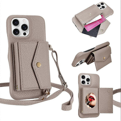 Horizontal Card Pocket Phone Case in Litchi Texture with Long Cord Grey Grey For iPhone 14 Pro