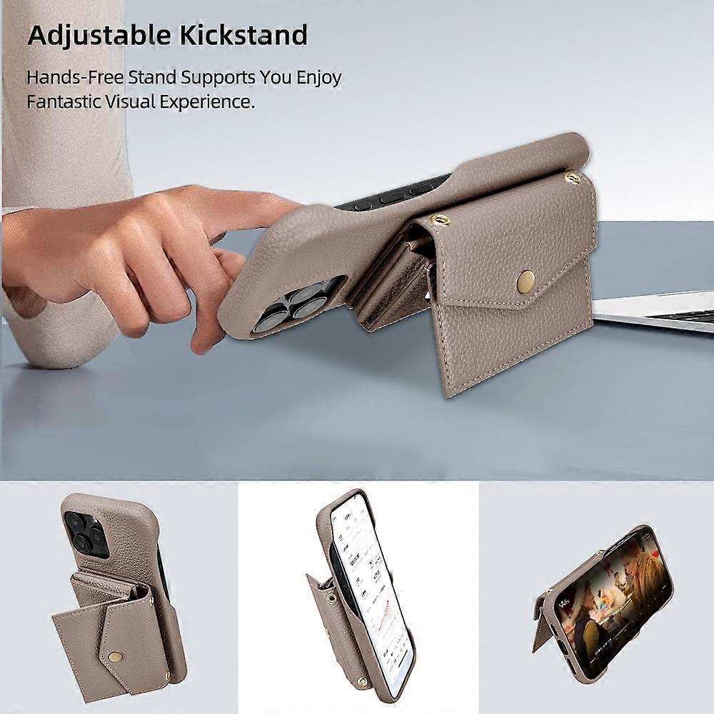 Horizontal Card Pocket Phone Case in Litchi Texture with Long Cord Grey Grey For iPhone 14 Pro