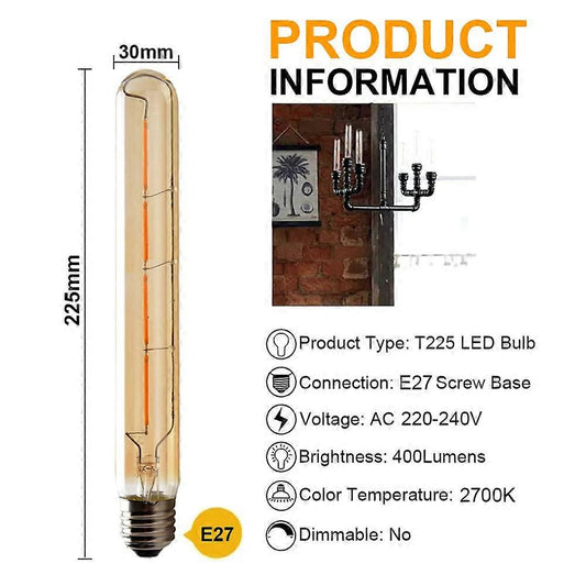 5-pack T225 Long Tube Bulbs, LED Edison Filament, 4W E27 Socket Warm White, Yellow Glass for Decorative Light Bulb, AC 220-240V—yux