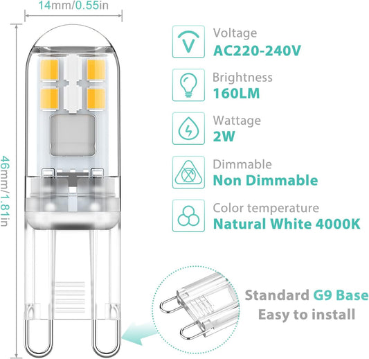 G9 LED bulbs 1.5W equivalent to 20W halogen natural white light 4000K, AC 220-240V, non-dimmable, mini bulb, flicker-free, 6-pack_MGF